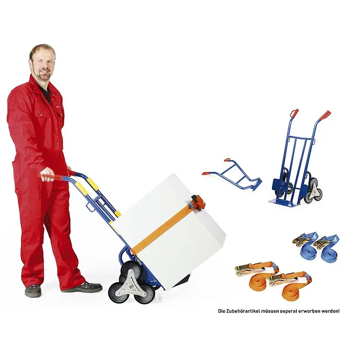 Bako Protaurus Sackkarre Protaurus schwere Treppenkarre mit 300kg Traglast - Traglast: 300 kg - Mann mit blauer Treppenkarre schiebt weißen Karton. Ebenfalls gezeigt: weitere Treppenkarre, Gestell, orange und blaue Spanngurte.