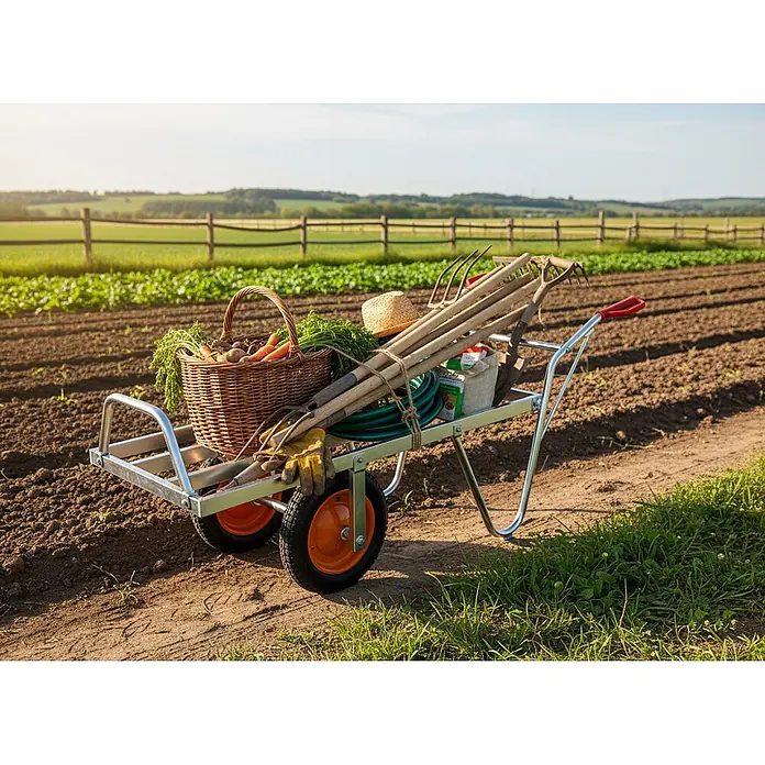 Pro-Bau-Tec Sackkarre Aluminium Schweizer Karre mit pannensicheren PU-Rädern Tragkraft 200kg - Stahl, Traglast: 200 kg - Silberner Gartenwagen mit orangefarbenen Rädern, beladen mit Gartengeräten, Strohhut und Gemüsekorb auf einem Feld.