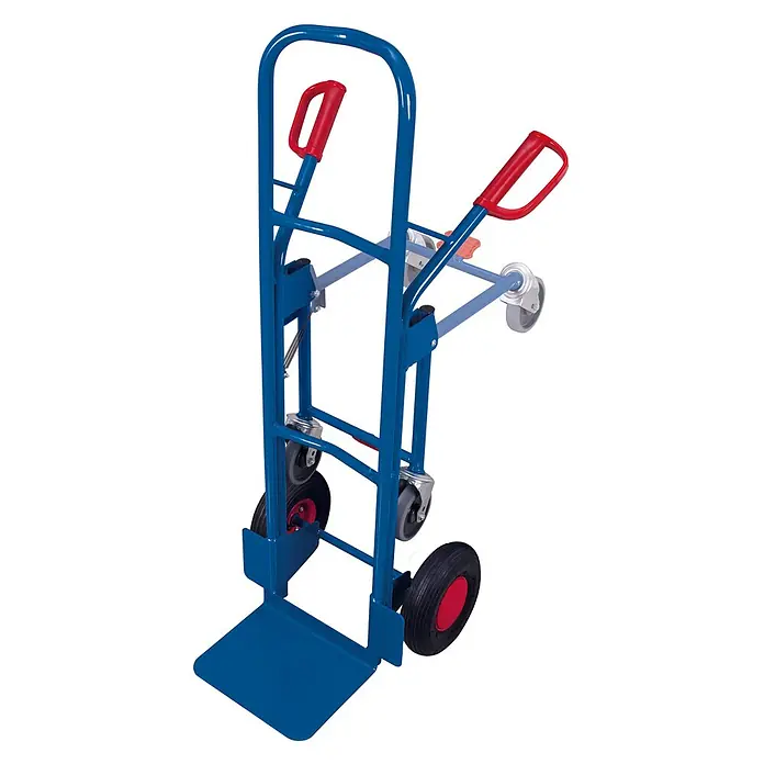Variofit Sackkarre VARIOfit Stahlrohrkarren 250 Traglast mit 2 Stützrädern Luftbereifung - Traglast: 250 kg - Blaue umwandelbare Sackkarre mit roten Griffen und Radnaben, großen Rädern und kleineren Lenkrollen.