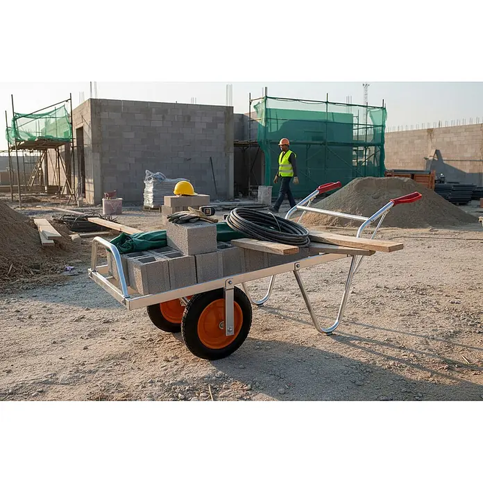 Pro-Bau-Tec Sackkarre Aluminium Schweizer Karre mit pannensicheren PU-Rädern Tragkraft 200kg - Stahl, Traglast: 200 kg - Silberner Transportwagen mit orangefarbenen Rädern und roten Griffen, beladen mit Baumaterial auf einer Baustelle, mit Arbeiter im Hintergrund.