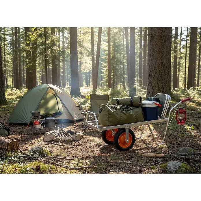 Pro-Bau-Tec Sackkarre Aluminium Schweizer Karre mit pannensicheren PU-Rädern Tragkraft 200kg - Stahl, Traglast: 200 kg - Silberner Transportwagen mit orangen Rädern, beladen mit olivfarbenen Campingtaschen und einer blauen Kühlbox, auf einem Waldcampingplatz.