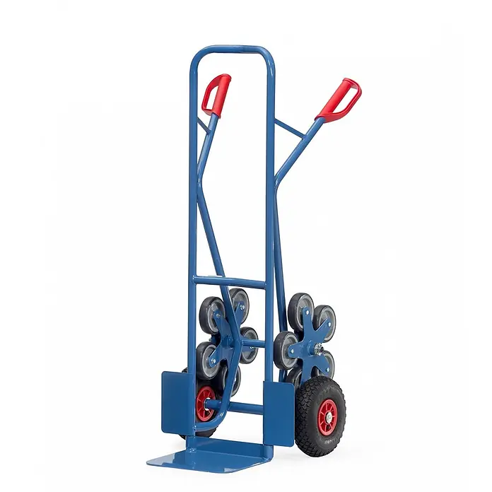 Fetra Sackkarre Stahlrohr-Treppenkarre, mit fünfarmigen Radsternen, Schaufelbreite 320mm - Traglast: 200 kg - Blaue Treppenkarre mit roten Griffen, ausgestattet mit sternförmigen Radsätzen für Treppen und zwei großen Lufträdern.