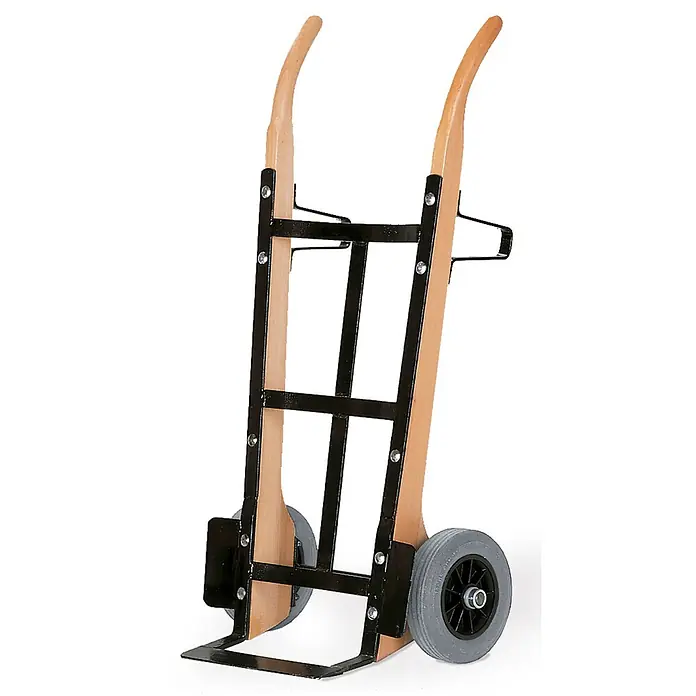 Rollcart Sackkarre - Holz, Traglast: 250 kg - Sackkarre mit Holzgriffen, schwarzem Metallrahmen und grauen Rädern.