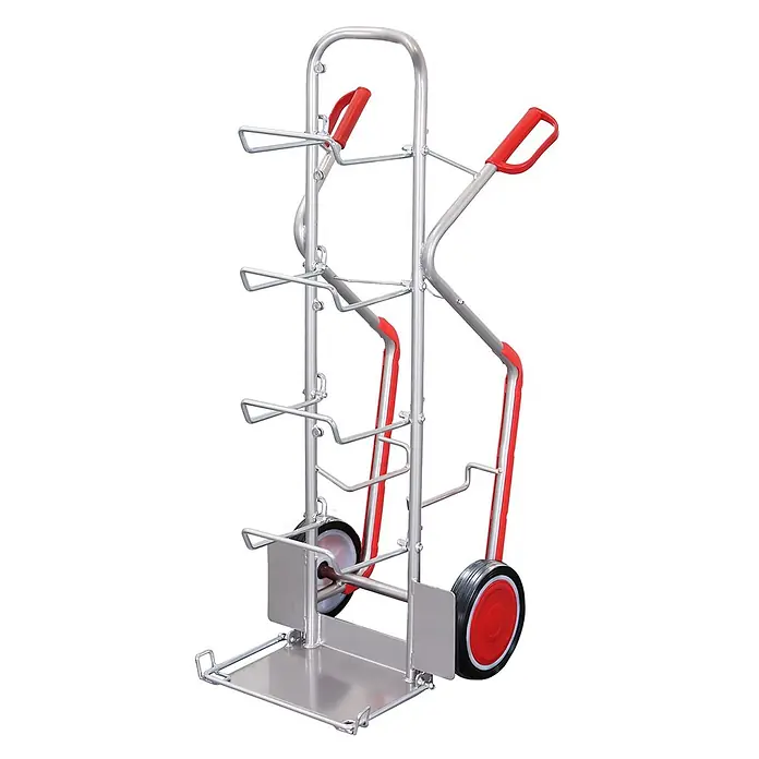 Variofit Sackkarre VARIOfit Wasserflaschenkarre Aluminium mit Vollgummibereifung - Aluminium, Traglast: 200 kg - Silberner Handwagen/Transportkarre mit roten Griffen und Rädern, zum Transport mehrerer Flaschen oder Kanister.