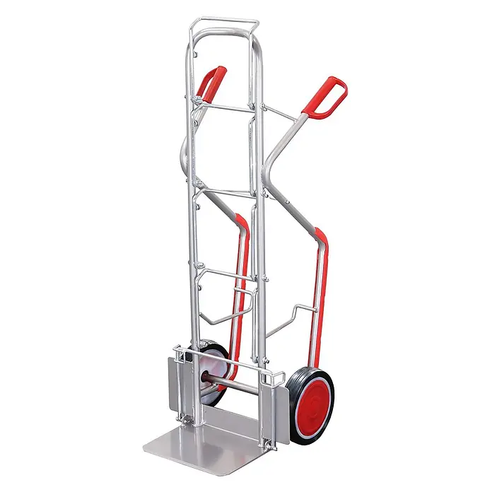 Variofit Sackkarre VARIOfit Wasserflaschenkarre Aluminium mit Vollgummibereifung - Aluminium, Traglast: 200 kg - Silberne Metall-Sackkarre mit roten Griffen und Radnaben, geeignet für den Transport.
