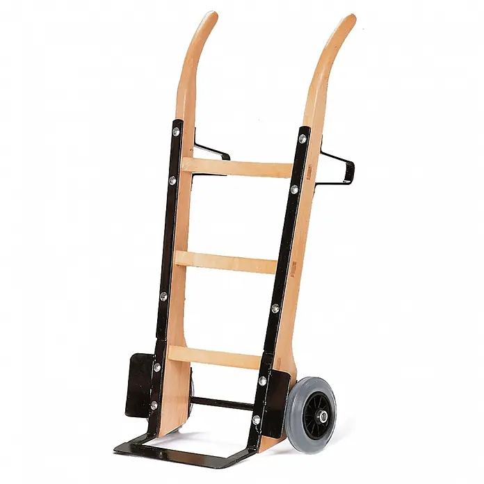 Rollcart Sackkarre - Holz, Traglast: 250 kg - Sackkarre aus Holz mit schwarzem Metallrahmen und grauen Rädern zum Warentransport.