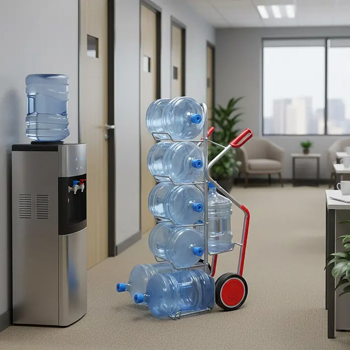 Variofit Sackkarre VARIOfit Wasserflaschenkarre Aluminium mit Vollgummibereifung - Aluminium, Traglast: 200 kg - Wasserspender aus Edelstahl und silberner Wagen mit klaren Wasserflaschen im Büro.