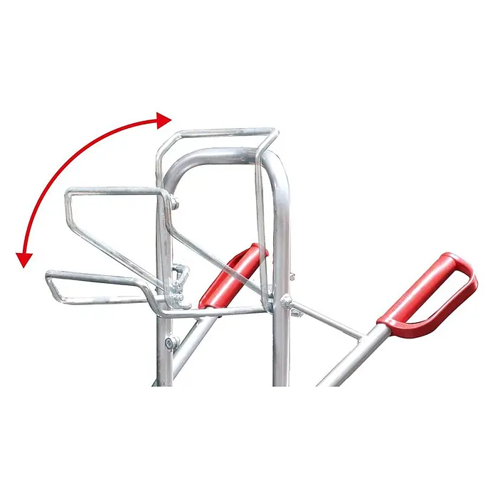 Variofit Sackkarre VARIOfit Wasserflaschenkarre Aluminium mit Vollgummibereifung - Aluminium, Traglast: 200 kg - Silbernes Metallgestell mit rotem Griff und klappbarer Frontstütze, durch roten Pfeil markiert.