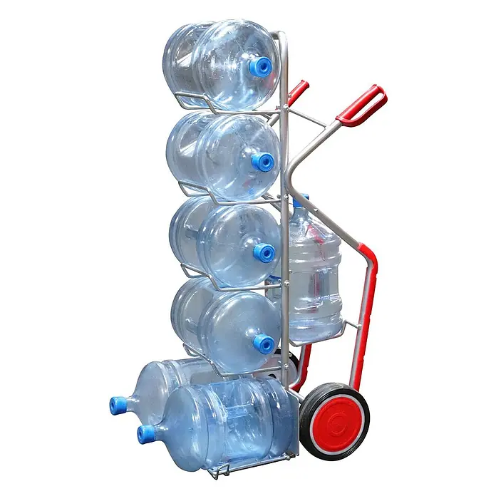 Variofit Sackkarre VARIOfit Wasserflaschenkarre Aluminium mit Vollgummibereifung - Aluminium, Traglast: 200 kg - Ein silberner Metallwagen zum Transport und zur Lagerung mehrerer großer Wasserflaschen, mit roten Griffen und Rädern.