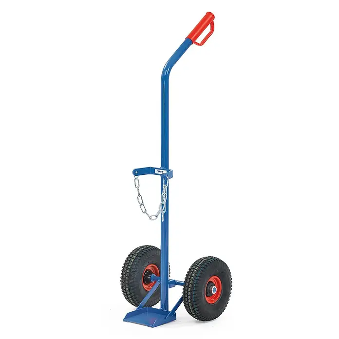Fetra Sackkarre Stahlflaschenkarre für eine 10 Liter Stahlflasche, mit Vollgummi-Bereifung - Traglast: 100 kg - Blauer Stahl-Gasflaschenwagen mit rotem Griff, Lufträdern und Sicherungskette.