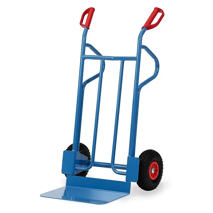 Fetra Sackkarre Stahlrohrkarre mit Polyurethanbereifung Höhe 1200mm, Schaufel 300x480mm - Traglast: 350 kg - Blaue Metall-Sackkarre mit roten ergonomischen Griffen und robusten schwarzen Rädern.