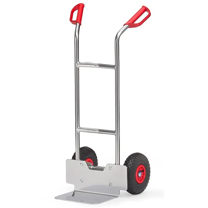 Fetra Sackkarre Alukarre 1150mm hoch Schaufel 320x250mm mit Luftbereifung - Traglast: 150 kg - Robuste silberne Sackkarre mit ergonomischen roten Griffen und schwarzen Lufträdern.