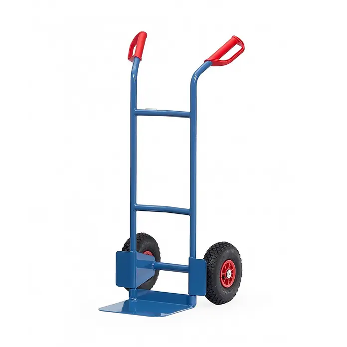 Fetra Sackkarre Stahlrohrkarre Höhe 1150 mm Schaufel 250x320mm Polyurethanbereifung - Traglast: 200 kg - Blaue Sackkarre mit roten Griffen und schwarzen Lufträdern mit roten Naben.