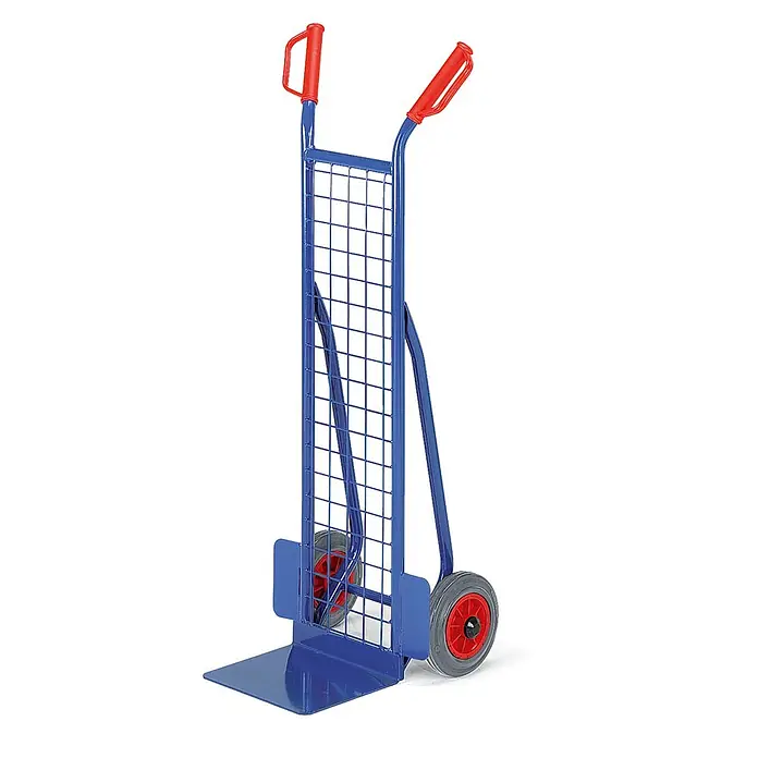Rollcart Sackkarre kleine Gitter-Stapelkarre aus Stahlrohr 300mm Schaufelbreite Luft - Traglast: 200 kg - Blaue Metall-Sackkarre mit roten Griffen und grauen Rädern.