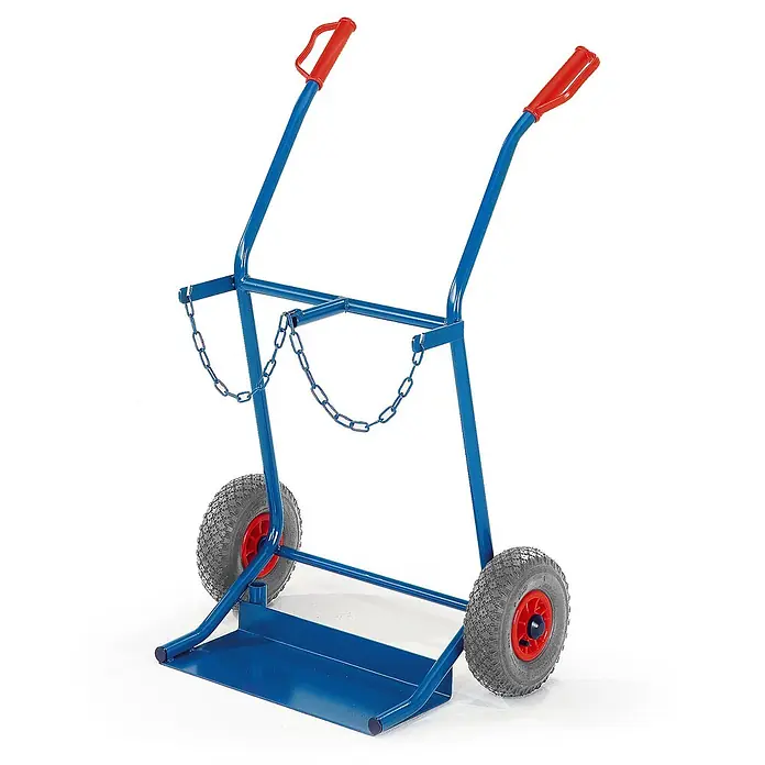 Rollcart Sackkarre Stahlflaschenkarre 100kg Traglast für 2 Flaschen a 20 Liter Luftbereifung - Traglast: 100 kg - Blauer Metall-Gasflaschenwagen mit roten Griffen und zwei Rädern, mit Ketten zur Sicherung der Flaschen.