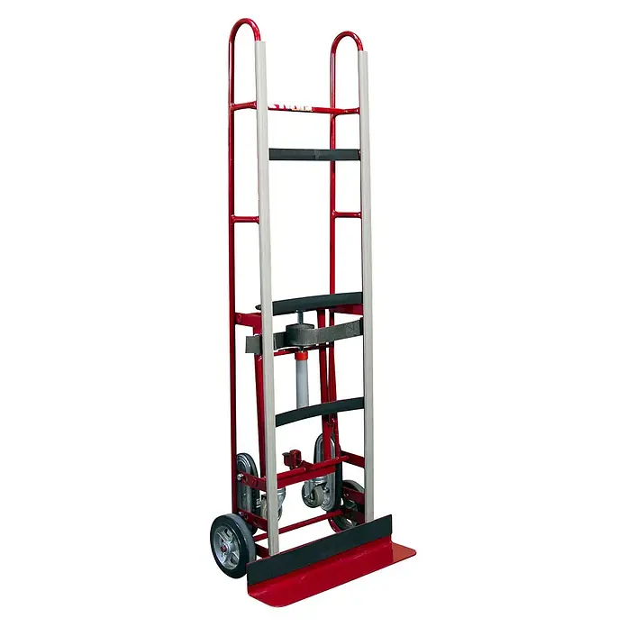 FIMM Sackkarre Sackkarre für voluminöse und schwere Lasten bis 550 kg - Stahl, Traglast: 550 kg - Rote Metall-Sackkarre mit hydraulischem Lift, Gummirädern und schwarzen Gurten zur Ladungssicherung.