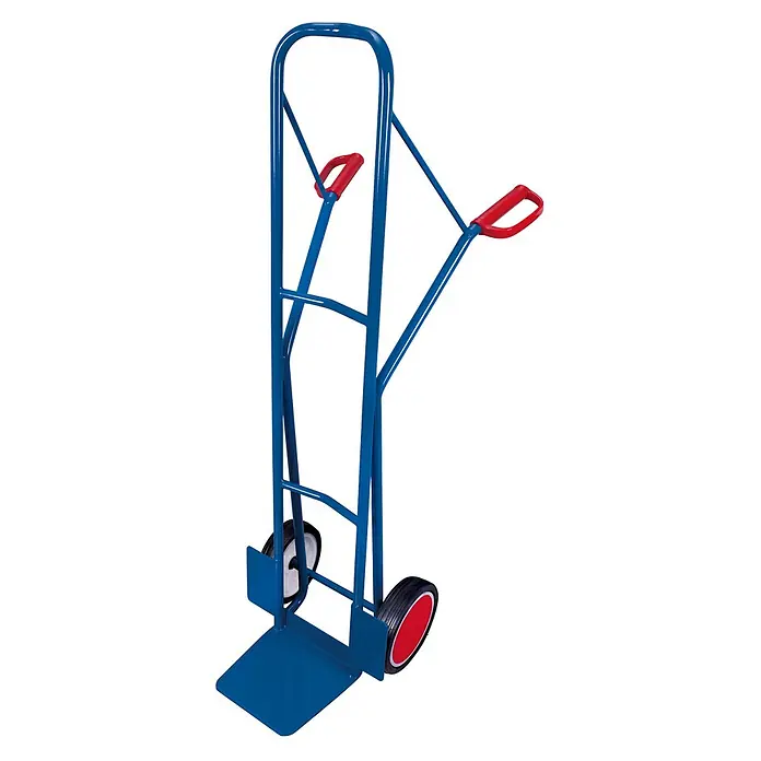 Variofit Sackkarre Stahlrohrkarren 250kg Tragkraft 1600mm Höhe Vollgummibereifung - Traglast: 250 kg - Blaue Metall-Sackkarre mit roten Griffen und schwarzen Rädern zum Transport von Gütern.
