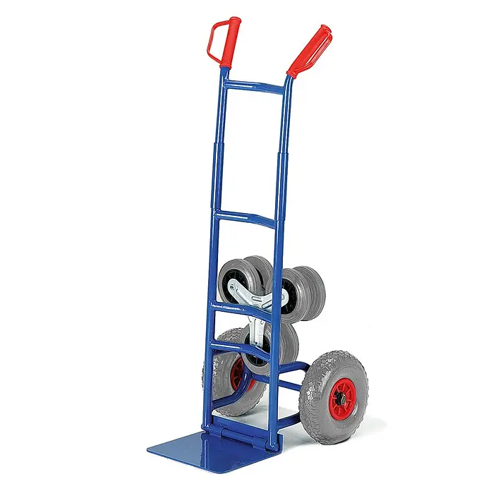 Rollcart Sackkarre - Traglast: 150 kg - Blaue Sackkarre mit roten Griffen und innovativen Dreistern-Treppensteigrädern für einfachen Transport.