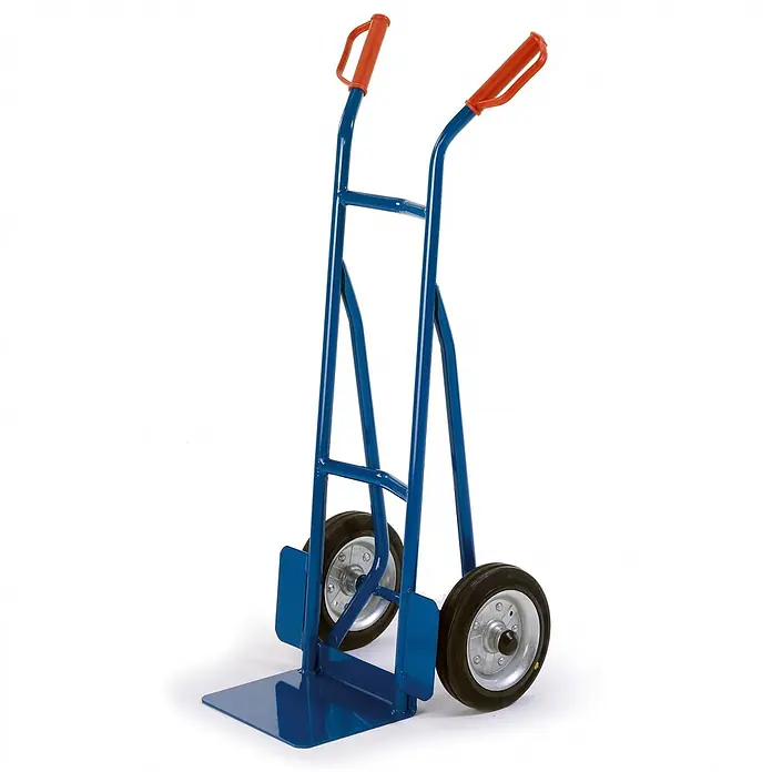 Rollcart Sackkarre kleine ESD-Stapelkarre 530x510mm mit 200kg Tragkraft Vollgummi - Traglast: 200 kg - Blaue Sackkarre aus Metall mit orangefarbenen Griffen und schwarzen Rädern zum Transport von Gütern.