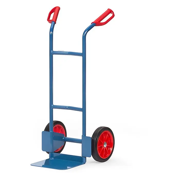 Fetra Sackkarre Stahlrohrkarre Höhe 1150 mm Schaufel 250x320mm Vollgummibereifung - Traglast: 200 kg - Blauer Metall-Sackkarren mit roten Griffen und roten Rädern.
