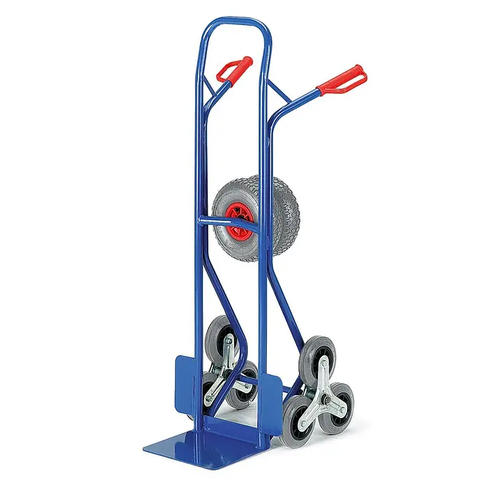 Rollcart Sackkarre - Traglast: 150 kg - Blauer Treppensteiger-Sackkarre mit roten Griffen, großen Rädern und dreieckigen Treppensteigrädern.