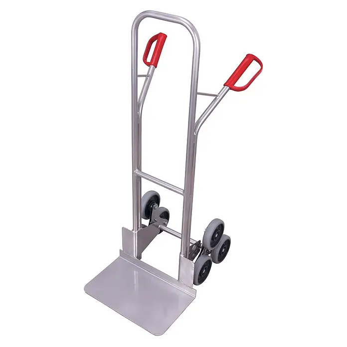 Variofit Sackkarre - Traglast: 200 kg - Silberfarbene Treppensteiger-Sackkarre mit roten Griffen und Dreirad-Clustern.
