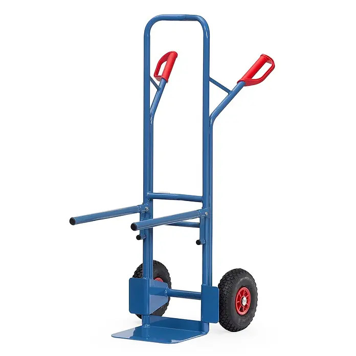 Fetra Sackkarre Stuhlkarre 1300mm hoch Traggestell verschraubbar mit Luft-Bereifung - Traglast: 300 kg - Blauer zweirädriger Sackkarre mit roten Griffen und Schwerlastreifen zum Transport.