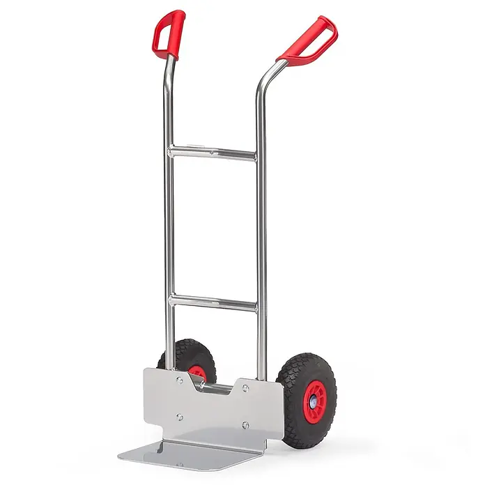 Fetra Sackkarre Alukarre 1150mm hoch Schaufel 320x250mm mit Polyurethanbereifung - Traglast: 150 kg - Edelstahl Sackkarre mit roten ergonomischen Griffen, schwarzen Lufträdern mit roten Naben und stabiler Ladefläche für schwere Lasten.