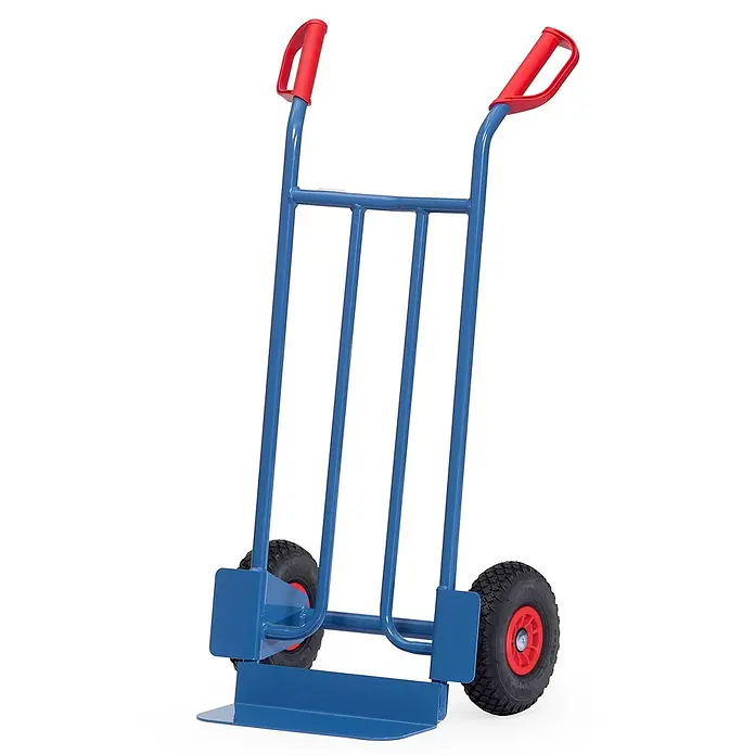 Fetra Sackkarre Stahlrohrkarre mit Polyurethanbereifung Höhe 1150 mm, Schaufel 150x400mm - Traglast: 250 kg - Robuste blaue Sackkarre mit roten Griffen und schwarzen Lufträdern für schwere Lasten.