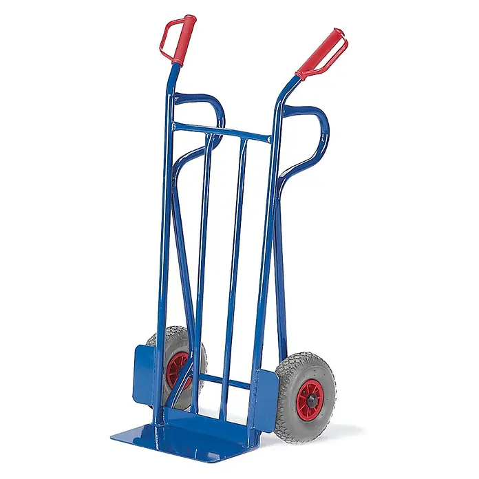 Rollcart Sackkarre - Traglast: 250 kg - Blaue Sackkarre aus Metall mit roten Griffen und grauen Luftreifen zum Transport schwerer Lasten.