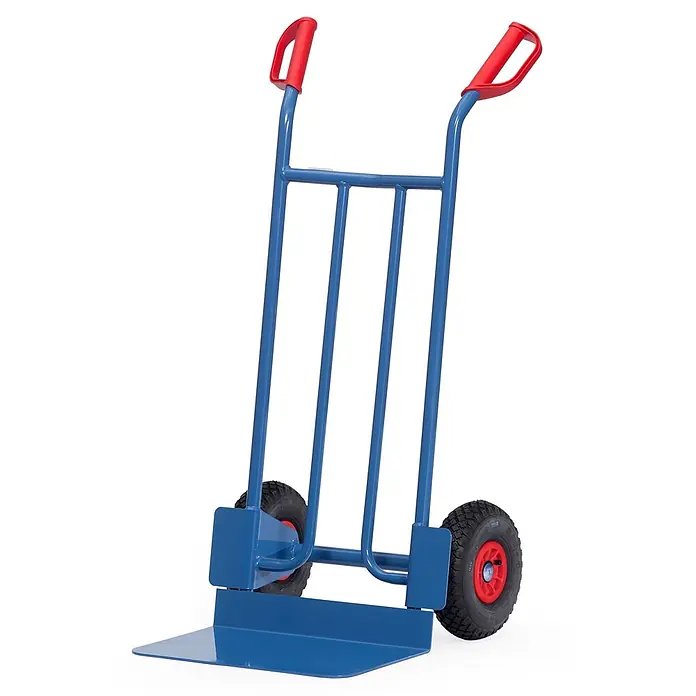 Fetra Sackkarre Stahlrohrkarre mit Luftbereifung Höhe 1150 mm, Schaufel 300x480mm - Traglast: 250 kg - Blauer Metall-Sackkarren mit roten Griffen und schwarzen Lufträdern zum Transport schwerer Gegenstände.