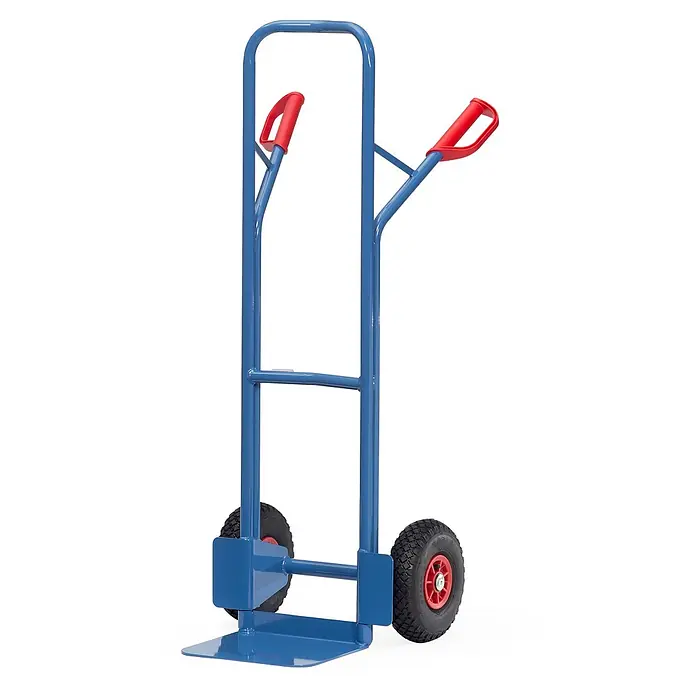 Fetra Sackkarre Stahlrohrkarre Höhe 1150 mm Schaufel 250x320mm Luftbereifung - Traglast: 200 kg - Blaue Metall-Sackkarre mit roten Griffen und Luftreifen zum Transport schwerer Lasten.