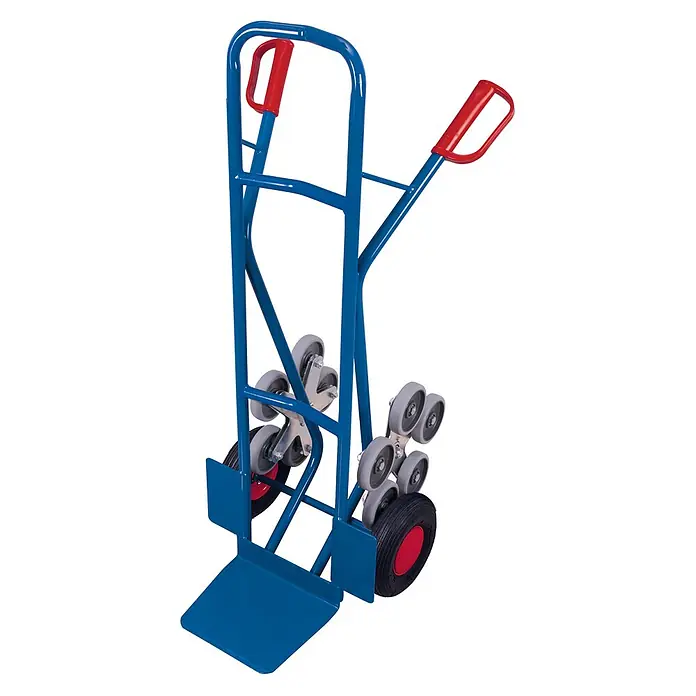 Variofit Sackkarre - Traglast: 200 kg - Blaue Sackkarre mit roten Griffen und grauen Treppensteigrädern.