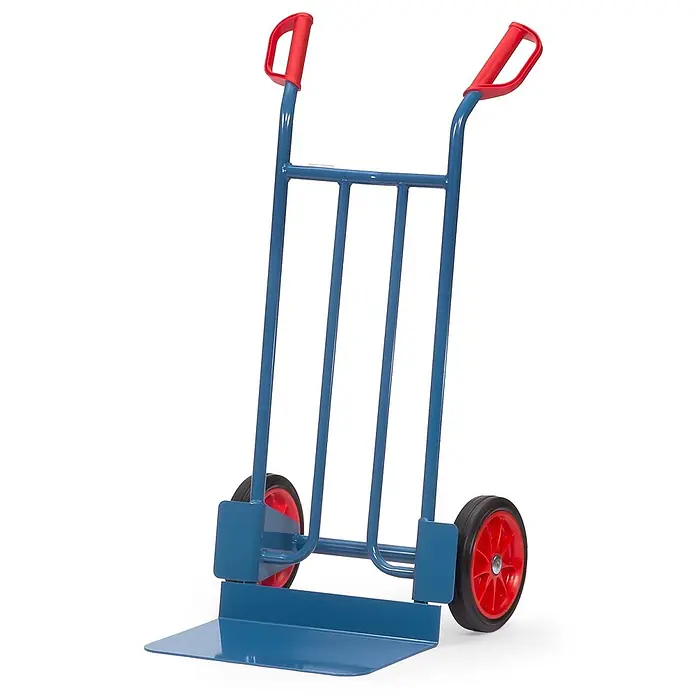 Fetra Sackkarre Stahlrohrkarre mit Vollgummibereifung Höhe 1150 mm, Schaufel 300x480mm - Traglast: 250 kg - Blauer Sackkarren aus Metall mit roten Rädern und Griffen zum Transport schwerer Gegenstände.