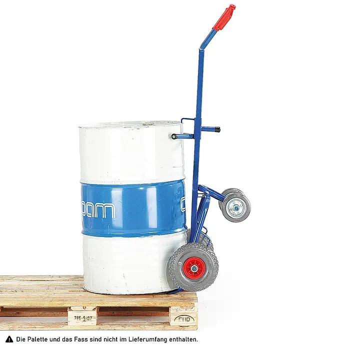 Rollcart Sackkarre Fasskarre mit zwei Stützrollen und Luftbereifung - Traglast: 250 kg - Blaue Fasskarre mit rotem Griff, zum Transport von Fässern. Sie ist mit mehreren Rädern ausgestattet.