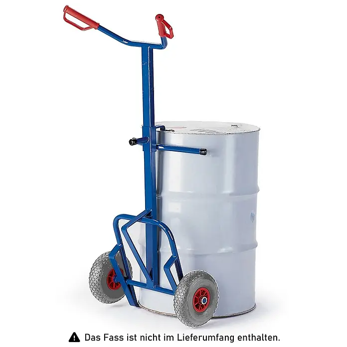 Rollcart Sackkarre Fasskarre 700x350mm mit Vollgummibereifung - Traglast: 250 kg - Blaues Metall-Fasskarre mit roten Griffen und grauen Rädern, zum Transport von Fässern.