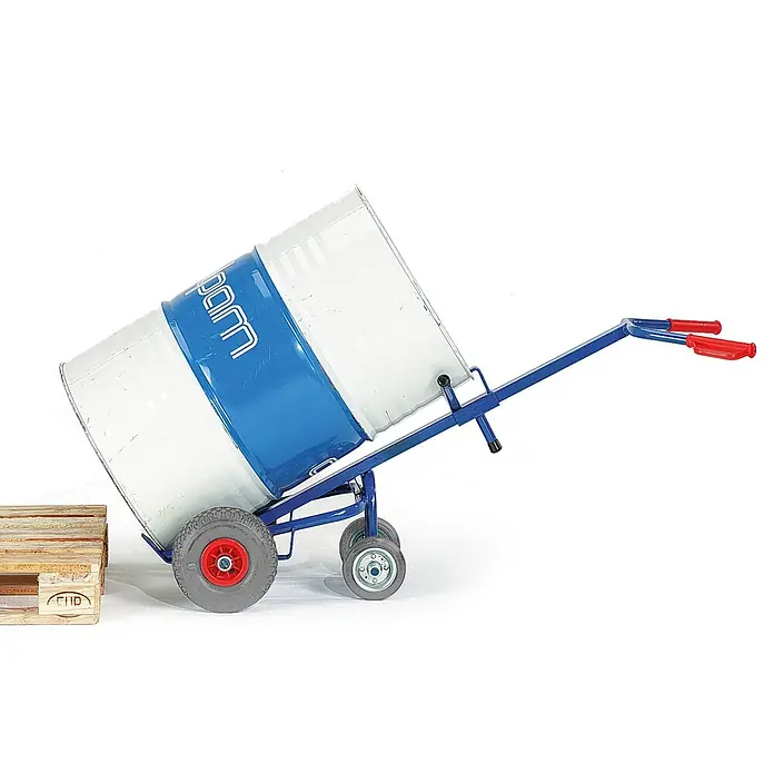 Rollcart Sackkarre Fasskarre mit zwei Stützrollen und Luftbereifung - Traglast: 250 kg - Blaue Fasskarre mit roten Griffen, transportiert ein weiß-blaues Fass. Vier Räder für leichten Transport.