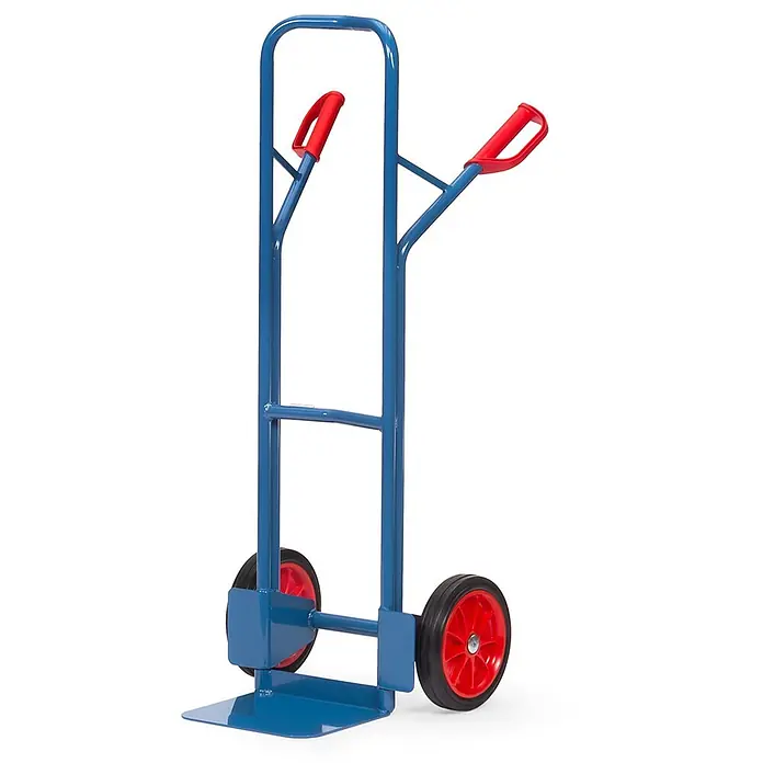 Fetra Sackkarre Stahlrohrkarre Höhe 1300 mm, Schaufel 250x320mm Vollgummibereifung - Traglast: 300 kg - Blauer Sackkarren mit roten Griffen und rot-gespeichten Rädern zum Transport schwerer Gegenstände.