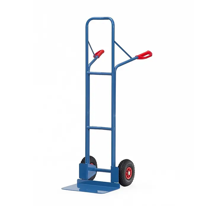 Fetra Sackkarre Stahlrohrkarre Höhe 1600 mm, Schaufel 300x480mm Luftbereifung - Traglast: 300 kg - Robuste blaue Sackkarre aus Metall mit ergonomischen roten Griffen und langlebigen Rädern für schwere Lasten.