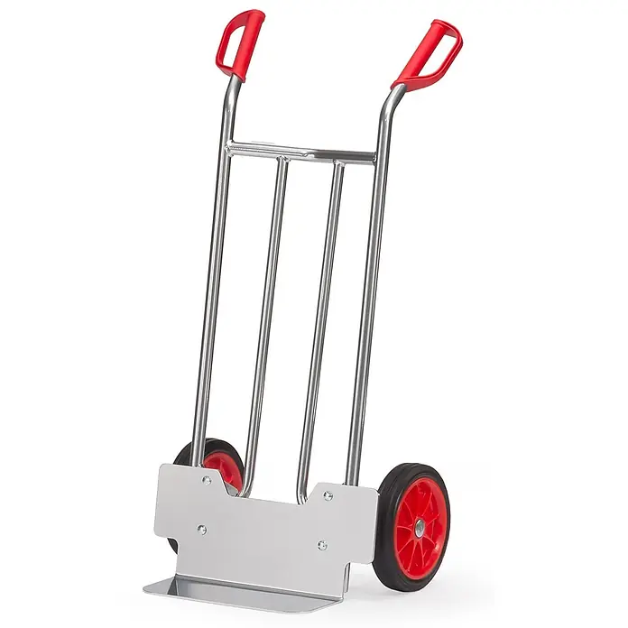 Fetra Sackkarre Alukarre 1150mm hoch Schaufel 150x400mm mit Vollgummibereifung - Traglast: 150 kg - Silberne Sackkarre mit roten Griffen und roten Rädern zum Transport von Gütern.