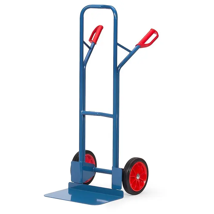 Fetra Sackkarre Stahlrohrkarre Höhe 1300 mm, Schaufel 300x480mm Vollgummibereifung - Traglast: 300 kg - Blaue Sackkarre aus Metall mit roten Griffen und roten Rädern zum Transport schwerer Gegenstände.