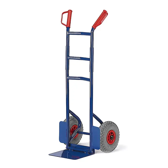 Rollcart Sackkarre Klapp-Stapelkarre aus Stahlrohr 300mm Schaufelbreite Luft - Traglast: 200 kg - Blaue Sackkarre aus Metall mit roten ergonomischen Griffen und robusten grauen Rädern zum Transport schwerer Gegenstände.