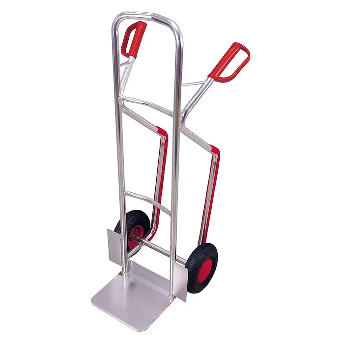 Variofit Sackkarre - Traglast: 200 kg - Silberne Sackkarre aus Metall mit roten Griffen und schwarzen Rädern zum Transport von Gütern.