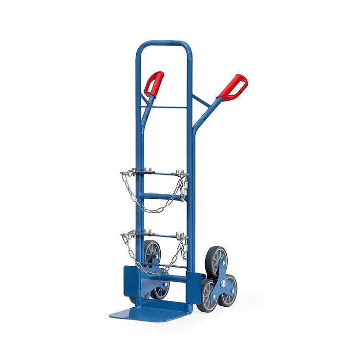 Fetra Sackkarre Stahlflaschen-Treppenkarre für eine 20-50 Liter Stahlflasche - Traglast: 200 kg - Blaue Treppenkarre mit roten Griffen, Dreiradsystem und Ketten zur Zylindersicherung.