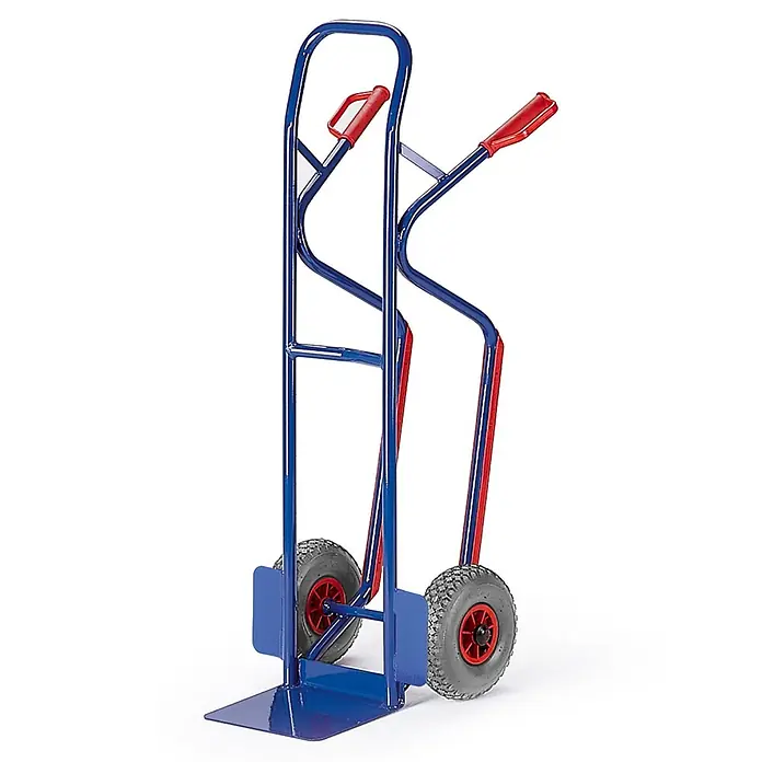 Rollcart Sackkarre Stapelkarre mit Treppenrutschkufen aus Stahlrohr250x60mm Vollgummi GS - Traglast: 250 kg - Blaue Sackkarre aus Metall mit roten Griffen und grauen Luftreifen, zum Transport schwerer Gegenstände.