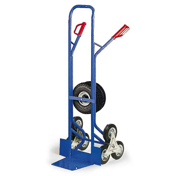Bako Protaurus Sackkarre - Traglast: 200 kg - Blaue Sackkarre aus Metall mit roten Griffen und Treppensteigrädern.