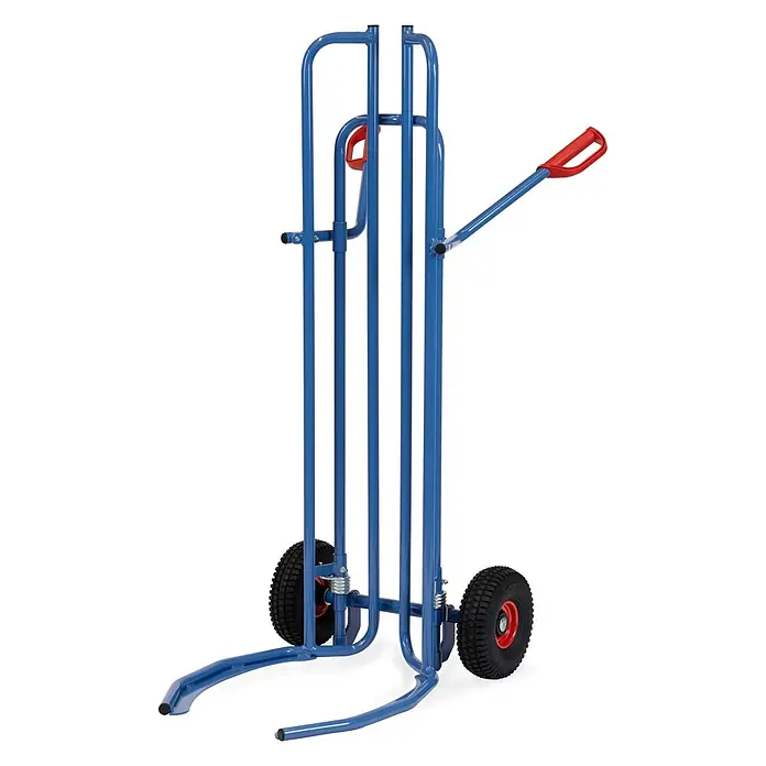 Fetra Sackkarre Reifenkarre mit Spreizaufnahmen 660mm Schaufeltiefe mit Luft-Bereifung - Traglast: 200 kg - Blaue Sackkarre mit roten Griffen und schwarzen Lufträdern.