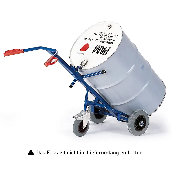 Rollcart Sackkarre Fasskarre mit Stützrolle und Luftbereifung - Traglast: 250 kg - Blauer Fasswagen aus Metall mit roten Griffen und vier Rädern zum Transport von Fässern.