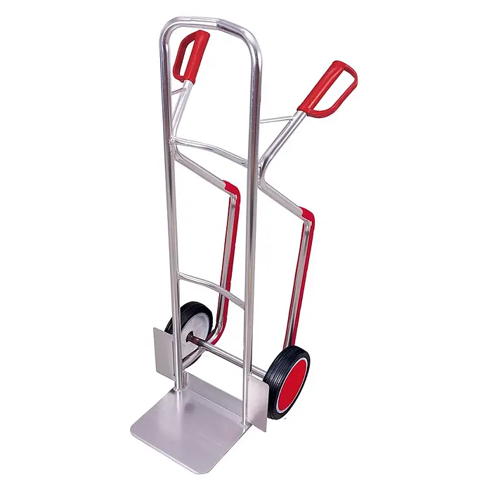 Variofit Sackkarre - Traglast: 200 kg - Robuste silberne Aluminium-Sackkarre mit roten Griffen und schwarzen Rädern mit roten Naben.