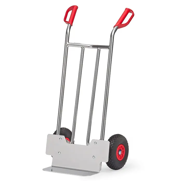 Fetra Sackkarre Alukarre 1150mm hoch Schaufel 150x400mm mit Polyurethanbereifung - Traglast: 150 kg - Sackkarre aus Edelstahl mit roten Griffen und schwarzen Rädern.